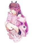  1girl :t animal_slippers ankle_strap black_shorts blush cardigan closed_mouth dot_nose eye_mask fur-trimmed_cardigan fur_trim grey_socks hana_(ha_na3317) hands_on_own_cheeks hands_on_own_face highres long_hair long_sleeves looking_at_viewer loose_socks mask mask_on_head nijisanji off_shoulder pink_cardigan pout purple_eyes purple_hair shorts sidelocks simple_background sleep_mask slippers socks solo straight_hair tsukino_mito virtual_youtuber white_background 