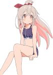  1girl :/ absurdres ahoge bare_arms bare_legs bare_shoulders bikini blush breasts brown_eyes commentary dot_nose earrings feet_out_of_frame grey_hair hair_between_eyes hair_ribbon highres jewelry kosuda long_hair looking_to_the_side midriff multicolored_hair onii-chan_wa_oshimai! oyama_mahiro pink_hair pink_ribbon purple_bikini ribbon simple_background sitting small_breasts solo swimsuit triangle_earrings two-tone_hair white_background zipper_pull_tab 