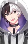  1boy black_eyes black_hair chaco_(fragaria_memories) choker earrings fangs fragaria_memories head_tilt highres hood hood_up hoodie jewelry looking_at_viewer male_focus multicolored_hair noko_(meityoko73) open_mouth short_hair smile solo split-color_hair white_hair 