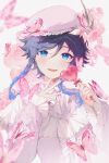  1boy :d absurdres beret black_hair blue_eyes blue_hair blurry blurry_foreground blush braid bug butterfly candy center_frills commentary floating_hair flower food frilled_hat frilled_shirt_collar frilled_sleeves frills genshin_impact gradient_hair hair_between_eyes hair_flower hair_ornament hands_up hat heart heart-shaped_lollipop highres holding holding_candy holding_food holding_lollipop kkopoli lollipop long_sleeves looking_at_viewer male_focus medium_hair multicolored_hair neck_ribbon open_mouth parted_bangs pink_butterfly pink_flower pink_headwear pink_rose pink_shirt puffy_long_sleeves puffy_sleeves red_ribbon ribbon rose shaped_lollipop shirt side_braids simple_background smile solo swept_bangs symbol-only_commentary twin_braids upper_body venti_(genshin_impact) white_background white_ribbon 