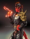  1girl armor artist_name baldur&#039;s_gate baldur&#039;s_gate_3 black_hair black_horns breastplate clenched_hand colored_skin demon_girl demon_horns demon_tail dungeons_&amp;_dragons from_side gradient_background grin hand_on_own_hip hand_up highres horns karlach long_hair profile red_hair red_skin shoulder_plates smile solo sunsetagain tail teeth unfinished 