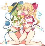  2girls bare_legs barefoot black_headwear blonde_hair bow brown_eyes closed_mouth flandre_scarlet food food_on_face full_body green_eyes green_hair green_panties hair_between_eyes hair_bow hat hat_bow heart heart_of_string holding ice_cream ice_cream_cone kneeling komeiji_koishi licking looking_at_viewer multiple_girls navel necktie no_pants open_mouth panties paragasu_(parags112) pink_panties red_bow school_uniform scrunchie serafuku short_hair short_sleeves side-tie_panties side_ponytail simple_background third_eye tongue tongue_out touhou underwear white_background wrist_cuffs yellow_bow 