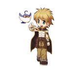  1boy :d ahoge belt bird blue_bird blue_eyes brown_belt brown_cape brown_footwear brown_pants cape chibi creator_(ragnarok_online) filir_(ragnarok_online) full_body fur-trimmed_pants fur_trim gloves light_brown_hair looking_at_animal looking_to_the_side male_focus medium_bangs official_art open_mouth pants pouch ragnarok_online shirt shoes short_hair simple_background sleeveless sleeveless_shirt smile solo tachi-e teeth transparent_background walking white_gloves white_shirt yuichirou 