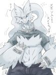 ambiguous_gender anthro blue_eyes bodily_fluids bottomwear cheek_tuft chest_tuft claws clothed clothing confusion dragon facial_tuft finger_claws fur furred_dragon generation_5_pokemon grey_bottomwear grey_clothing grey_pants grey_shirt grey_topwear hi_res implied_transformation japanese_text legendary_pokemon looking_at_self midriff mythological_creature mythological_scalie mythology nintendo pants pokemon pokemon_(species) raised_clothing raised_shirt raised_topwear reshiram scalie shaded shirt simple_background snout solo sweat sweatdrop text topwear tuft white_background white_body white_fur yakumomidori1