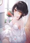  1girl bare_shoulders black_hair blush bouquet breasts cleavage clock clock_eyes date_a_live dated dress esther_0418 flower gloves hair_ornament heterochromia highres holding holding_bouquet looking_at_viewer medium_breasts photoshop_(medium) red_eyes rose short_hair smile solo symbol-shaped_pupils tiara tokisaki_kurumi wedding_dress white_dress yellow_eyes 