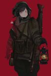  1girl absurdres black_gloves black_hair closed_mouth cowboy_shot gloves green_jacket green_pants gun headphones headset helmet highres holding holding_lantern jacket lantern long_sleeves looking_at_viewer machine_gun mg42 microphone military military_uniform mole mole_under_eye original pants pink_eyes polilla pouch red_background simple_background solo standing uniform weapon 