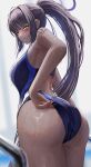 1girl alternate_costume ass ass_focus back_cutout bare_arms bare_shoulders black_hair blue_archive blue_one-piece_swimsuit blush breasts closed_mouth clothing_cutout commentary competition_swimsuit dark-skinned_female dark_skin from_behind halo highres huge_ass karin_(blue_archive) large_breasts long_hair looking_at_viewer looking_back one-piece_swimsuit ponytail silver_bullet_(ecc12_8) solo swimsuit thighs very_dark_skin wet yellow_eyes 