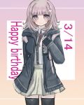  1girl black_jacket black_thighhighs blush brown_skirt cowboy_shot danganronpa_(series) danganronpa_2:_goodbye_despair dated dress_shirt happy_birthday hood hood_down hooded_jacket jacket medium_hair miniskirt multicolored_background nanami_chiaki neck_ribbon open_clothes open_jacket pink_eyes pink_ribbon pleated_skirt ribbon shirt shirt_tucked_in skirt smile solo spaceship_hair_ornament thighhighs two-tone_shirt yu_(12y18) 