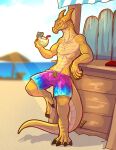  absurd_res anthro beach beach_bar beverage braz claws clothing coconut coconut_drink dragon drupe_(fruit) food fruit gold_scales green_eyes hi_res leaning lluisabadias looking_at_viewer male plant seaside smile smirk smirking_at_viewer solo swimming_trunks swimwear 