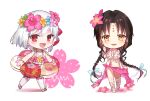  2girls bikini black_hair blue_flower blue_ribbon blush bracelet braid breasts character_name chest_tattoo chibi chinese_commentary detached_leggings earrings fate/grand_order fate_(series) flower flower_earrings flower_wreath forehead_tattoo frilled_bikini frills full_body green_footwear grey_hair hair_between_eyes hair_flower hair_ornament hair_ribbon hand_up highres innertube jewelry kama_(fate) kama_(swimsuit_avenger)_(fate) kama_(swimsuit_avenger)_(first_ascension)_(fate) leggings long_hair looking_at_viewer medium_breasts medium_hair mismatched_bikini multicolored_hair multiple_girls navel necklace open_mouth parted_bangs pearl_bracelet pearl_earrings pearl_necklace pink_bikini pink_flower pink_hair pink_sarong platform_footwear red_eyes ribbon sandals sarong_hold sessyoin_kiara sessyoin_kiara_(swimsuit_mooncancer) sessyoin_kiara_(swimsuit_mooncancer)_(first_ascension) shell shell_necklace simple_background standing streaked_hair swim_ring swimsuit tattoo twin_braids underboob very_long_hair white_background white_bikini white_footwear white_leggings xuehua yellow_eyes yellow_flower 