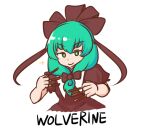  1girl bow brown_ribbon closed_mouth dress green_eyes green_hair hair_bow hair_ribbon kagiyama_hina looking_at_viewer medium_hair mizusoba ribbon short_sleeves simple_background smile solo touhou upper_body v-shaped_eyebrows white_background wolverine 