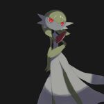  black_background bob_cut colored_skin dress gardevoir glowing glowing_eyes green_hair highres multicolored_skin parted_lips pokemon pokemon_(creature) red_eyes simple_background two-tone_skin v_(govvvvw) white_dress white_skin 