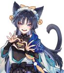  1boy :d alternate_hair_length alternate_hairstyle animal_ears bell black_bow black_hair black_shirt blue_cape blush bow bridal_gauntlets cape cat_boy cat_day cat_ears cat_tail choppy_bangs commentary_request eyeshadow fangs frills genshin_impact hair_bell hair_between_eyes hair_bow hair_intakes hair_ornament hands_up heart heart_hands highres jacket jingle_bell long_hair looking_at_viewer maid_headdress makeup male_focus off_shoulder open_clothes open_jacket open_mouth pom_pom_(clothes) purple_eyes red_eyeshadow rope sash scaramouche_(genshin_impact) shima_usagi shirt short_sleeves sidelocks simple_background sleeveless sleeveless_shirt smile solo tail tassel teeth tongue very_long_hair vision_(genshin_impact) wanderer_(genshin_impact) white_background white_jacket wide_sleeves yellow_bow 