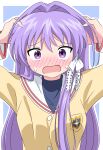  1girl arms_up badge blush clannad commentary embarrassed fujibayashi_kyou full-face_blush furrowed_brow hair_between_eyes hair_intakes hair_ribbon hands_on_own_head highres hikarizaka_private_high_school_uniform jacket lace-trimmed_ribbon lace_trim long_hair long_sleeves looking_at_viewer nose_blush open_mouth purple_eyes purple_hair ribbon sailor_collar school_uniform serafuku silky_(silky_illust) solo straight-on straight_hair sweatdrop tress_ribbon tsurime upper_body very_long_hair white_ribbon white_sailor_collar wide-eyed yellow_jacket 