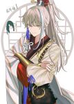  2boys archer_(fate/samurai_remnant) chinese_clothes closed_mouth crossed_arms fate/samurai_remnant fate_(series) fur_trim grey_hair hair_ornament hair_stick hanfu highres light_(nightty45) long_hair long_sleeves looking_at_viewer male_focus multicolored_hair multiple_boys ponytail smile solo solo_focus streaked_hair tassel tassel_hair_ornament upper_body vambraces white_background wide_sleeves yellow_eyes zheng_chenggong_(fate) 