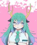  1girl absurdres bare_shoulders blue_dragon_(kemono_friends) blue_eyes blue_hair blue_necktie blush breast_pocket cherry_blossoms collared_shirt dragon_ears dragon_girl dragon_horns extra_ears hair_between_eyes highres horns japari_symbol kanmoku-san kemono_friends long_hair necktie pocket shirt sidelocks sleeveless solo 