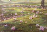  day falling_flower flower flower_focus grass highres nature no_humans norako_pastel original painting_(medium) pastel_(medium) pink_flower plant traditional_media tree 