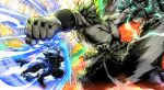  2boys aura bakarott battle black_vest blue_eyes blue_hair broly_(dragon_ball_super) clenched_hand clenched_teeth dragon_ball dragon_ball_super dragon_ball_super_broly electricity gogeta green_hair green_skirt highres lava medium_hair midair multiple_boys muscular muscular_male pants powering_up purple_pants skirt spiked_hair teeth topless_male vest 