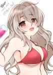  1girl 9610_(kuroto) artist_name bikini breasts brown_eyes cleavage cup dated drinking_glass grey_hair highres holding holding_cup kantai_collection large_breasts long_hair open_mouth pola_(kancolle) red_bikini smile solo swimsuit twitter_username upper_body wavy_hair wine_glass 