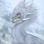  2022 ambiguous_gender day detailed_background digital_media_(artwork) dragon feral headshot_portrait hi_res horn open_mouth orange_eyes outside padjetxharrington portrait scales sky solo teeth tongue white_body white_scales 