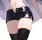  1girl arm_at_side black_shorts black_thighhighs foolish_potato highres legs_together lower_body navel original out_of_frame short_shorts shorts simple_background solo stomach thick_thighs thigh_gap thighhighs thighs white_background zettai_ryouiki 