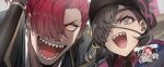  1boy 1girl black_hair chibi dated eyepatch fate/grand_order fate_(series) grey_eyes hair_over_one_eye hat highres mori_nagayoshi_(fate) mysterious_ranmaru_x_(fate) no-kan orange_eyes over_shoulder red_hair sharp_teeth signature teeth weapon weapon_over_shoulder 