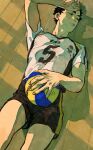  1boy akaashi_keiji arm_up ball black_hair black_shorts brown_background chengongzi123 green_eyes haikyuu!! hand_on_own_head highres holding holding_ball looking_to_the_side lying male_focus on_back parted_lips shadow shirt short_hair short_sleeves shorts sportswear t-shirt very_short_hair volleyball volleyball_uniform white_shirt 