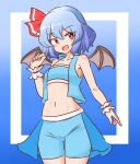  1girl alternate_costume bat_wings blue_background blue_hair blue_shorts blue_vest bright_pupils commentary_request commission fang gradient_background hair_ribbon looking_at_viewer mizusoba navel open_mouth race_queen red_eyes red_ribbon remilia_scarlet ribbon short_hair shorts skeb_commission skin_fang solo touhou vest white_pupils wings 