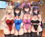  4girls animal_ears bangs black_bow black_bowtie black_hair black_hairband black_leotard black_thighhighs blonde_hair blue_bow blue_bowtie blue_eyes blue_hairband blue_leotard blunt_bangs bow bowtie breasts brown_eyes cameltoe cowboy_shot detached_collar emaason fake_animal_ears green_eyes hair_over_one_eye hairband heart highres huge_breasts indoors leotard long_hair looking_at_viewer mole mole_on_breast mole_under_mouth multiple_girls original pink_bow pink_bowtie pink_hairband pink_leotard playboy_bunny purple_hair rabbit_ears red_bow red_bowtie red_eyes red_hairband red_leotard standing strapless strapless_leotard swept_bangs thighhighs traditional_bowtie translation_request very_long_hair wrist_cuffs 