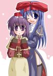  2000s_(style) 2girls :o ;d acolyte_(ragnarok_online) black_thighhighs blue_dress blue_eyes blue_hair blush bow brooch brown_gloves capelet citrusfruits510 cross cross_necklace dress garter_straps gem gloves hair_between_eyes hair_bow hands_on_another&#039;s_arm hands_up hug jewelry juliet_sleeves long_hair long_sleeves multiple_girls necklace one_eye_closed open_mouth outline panties panty_peek pink_background pink_panties priest_(ragnarok_online) puffy_sleeves purple_eyes purple_hair ragnarok_online raised_eyebrow red_bow red_gemstone red_shirt shirt short_hair side_slit skirt sleeve_cuffs smile thighhighs two-tone_background underwear white_background white_outline 