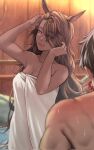  1boy 1girl :p akutaji animal_ears arm_up blood blurry blurry_foreground breasts brown_hair cleavage dark-skinned_female dark_skin eyes_visible_through_hair hair_over_one_eye half-closed_eyes hand_up highres horse_ears lips looking_at_another naked_towel naughty_face onsen rigantona_(umamusume) solo_focus striped_clothes tongue tongue_out towel umamusume vertical-striped_clothes water wet white_towel 