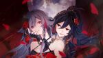 2girls absurdres arsum0731 ascot bare_shoulders bite_mark bite_mark_on_neck black_ascot black_gloves black_shirt blood blood_from_mouth breasts cleavage_cutout clothing_cutout dress fingerless_gloves flower fu_hua fu_hua_(blood_voivode) fu_hua_(herrscher_of_sentience) fu_hua_(shadow_knight) fu_hua_(turn_up_the_music!)_(herrscher_of_sentience) gloves grey_hair hair_between_eyes hair_flower hair_ornament halter_dress halterneck hand_on_another&#039;s_face high_ponytail highres honkai_(series) honkai_impact_3rd long_hair long_sleeves looking_at_another looking_at_viewer moon multicolored_hair multiple_girls official_alternate_costume parted_lips ponytail red_background red_dress red_eyes red_flower red_rose rose shirt small_breasts streaked_hair vampire white_hair yellow_pupils 