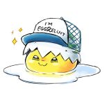  baseball_cap colored_skin commentary_request digimon digimon_(creature) egg english_text hat highres la_wuchi no_humans pun simple_background slime_(creature) smug solo sparkle white_background yellow_skin yolkmon 