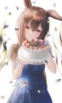  1girl admire_vega_(umamusume) animal_ears birthday birthday_cake blue_dress blush breasts brown_hair cake closed_mouth confetti dress food happy_birthday head_tilt highres holding holding_plate horse_ears long_hair multicolored_hair plate purple_eyes rang_c short_sleeves small_breasts smile solo standing straight-on streaked_hair umamusume upper_body 