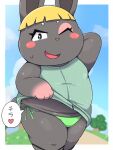  &lt;3 animal_crossing anthro blonde_hair blush bowl_cut breasts clothed clothing clothing_lift digital_media_(artwork) dress eyebrows eyelashes eyeshadow female fingers flashing flashing_panties fur green_clothing green_panties green_underwear grey_body grey_fur hair hi_res lagomorph leporid looking_at_viewer makeup mammal nintendo one_eye_closed open_mouth open_smile outside overweight overweight_anthro overweight_female panties rabbit rantan_chan smile solo speech_bubble standing string_panties thick_thighs tongue topwear underwear wink 