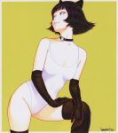  animal_ears artist_name black_choker black_gloves black_hair black_thighhighs blue_eyes blunt_bangs border breasts cat_ears choker collarbone cowboy_shot elbow_gloves flipped_hair gloves hand_on_own_leg heart heart_choker ilya_kuvshinov looking_afar looking_to_the_side medium_breasts one-piece_swimsuit original second-party_source signature simple_background squatting swimsuit thighhighs white_border white_one-piece_swimsuit yellow_background 