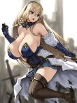  1girl bangs bare_shoulders belt black_footwear blonde_hair blue_eyes blue_gloves blue_hairband blurry blurry_background blush boots braid breasts brown_belt cleavage gloves hairband hand_up highres houtengeki large_breasts long_hair open_mouth original solo thigh_boots thighs 