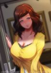  1girl artofhuan blue_eyes blush breasts brown_hair cleavage door dress highres large_breasts light_smile mature_female mole mole_under_eye mole_under_mouth moriya_meguri open_door original painting_(object) solo solo_focus teeth yellow_dress 