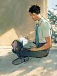  1boy akaashi_keiji black_footwear black_hair black_pants blue_necktie blue_sky book chengongzi123 collared_shirt dappled_sunlight english_commentary facing_away full_body haikyuu!! highres holding holding_book indian_style male_focus necktie outdoors pants plant reading shirt shoes short_hair short_sleeves sitting sky striped_necktie sunlight very_short_hair white_shirt 