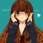  1girl black_serafuku blush brown_eyes brown_hair commentary_request fate/extra fate_(series) glasses green_background heart kishinami_hakuno_(female) long_hair looking_at_viewer naruka_(ynarukay) neckerchief open_mouth red-framed_eyewear red_neckerchief revision romaji_text school_uniform serafuku simple_background solo upper_body 