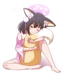  1girl animal_ear_fluff animal_ears barefoot black_hair blue_archive blush brown_eyes fang feet fox_ears fox_girl fox_tail hair_ornament halo highres hugging_own_tail hugging_tail izuna_(blue_archive) knee_up legs mugisepa no_pants one_eye_closed pink_halo pink_shirt pom_pom_(clothes) pom_pom_hair_ornament shirt short_hair sitting sleepy solo spread_legs tail thighs toes 