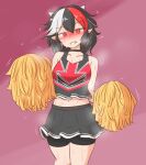  1girl adapted_costume black_choker black_hair black_shorts black_skirt blush cheerleader choker collarbone commentary_request holding holding_pom_poms horns kijin_seija looking_at_viewer mizusoba multicolored_hair pointy_ears pom_pom_(cheerleading) red_eyes red_hair short_hair shorts skirt solo streaked_hair sweat touhou white_hair 