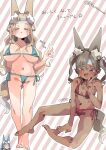  3girls absurdres animal_ear_fluff animal_ears bikini blonde_hair blue_hair blunt_bangs breasts cold_pack dark-skinned_female dark_skin fox_ears fox_tail gloom_(expression) green_eyes highres koyansuee koyansuee-chan large_breasts light_brown_hair micro_bikini multiple_girls navel original red_eyes small_breasts striped_background swimsuit tail twintails 