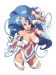 1girl alvin_lee animal_ears aqua_eyes bare_shoulders big_hair blue_eyes blue_hair breasts capcom cat_ears cat_girl choker claws cleavage collarbone cowboy_shot curvy felicia_(vampire) hair_between_eyes highres large_breasts linea_alba long_hair looking_at_viewer open_mouth paw_pose simple_background solo stomach thighs vampire_(game) very_long_hair 