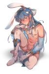  1boy absurdres animal_ears blue_eyes blue_hair blush boots byefrog elbow_gloves english_commentary erection fake_animal_ears fire_emblem fire_emblem:_genealogy_of_the_holy_war full_body gloves highres knee_up long_hair looking_at_viewer low_ponytail male_focus navel nude otoko_no_ko penis puffy_nipples rabbit_ears seliph_(fire_emblem) shadow shiny_skin sitting skindentation solo testicles thighhighs white_background white_gloves white_thighhighs 