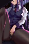  1girl artist_name bar_(place) bartender biting_own_lip bl/ess female_masturbation head_out_of_frame highres jill_stingray long_hair long_sleeves masturbation masturbation_through_clothes nail_polish necktie pantyhose purple_hair purple_vest red_necktie shirt sidelocks signature sitting solo twintails twitter_username va-11_hall-a vest white_shirt 