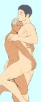  2boys ass_grab bara black_hair completely_nude dark-skinned_male dark_skin hug itto_(mentaiko) looking_at_another male_focus multiple_boys nude original simple_background sketch yaoi yellow_eyes 