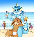  anthro big_female bikini clothing duo eevee eeveelution female generation_1_pokemon male male/female nintendo pokemon pokemon_(species) purring_cat summer swimwear vaporeon 