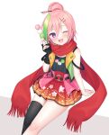  1girl blush dango food green_hair hair_ornament highres holding holding_food jacket multicolored_hair nata_ichio one_eye_closed open_mouth original pink_hair purple_eyes red_scarf red_skirt scarf single_thighhigh skirt smile solo thighhighs wagashi 
