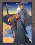  1boy absurdres adjusting_clothes adjusting_headwear beard belt blue_sky border dirty dirty_clothes facial_hair fantasy full_body gandalf grey_robe hakuryuvision hat highres holding holding_staff long_beard long_sleeves male_focus mountain old old_man outline robe scabbard sheath sky snow staff standing star_(sky) starry_sky sunrise the_lord_of_the_rings tolkien&#039;s_legendarium white_hair white_outline witch_hat wizard 